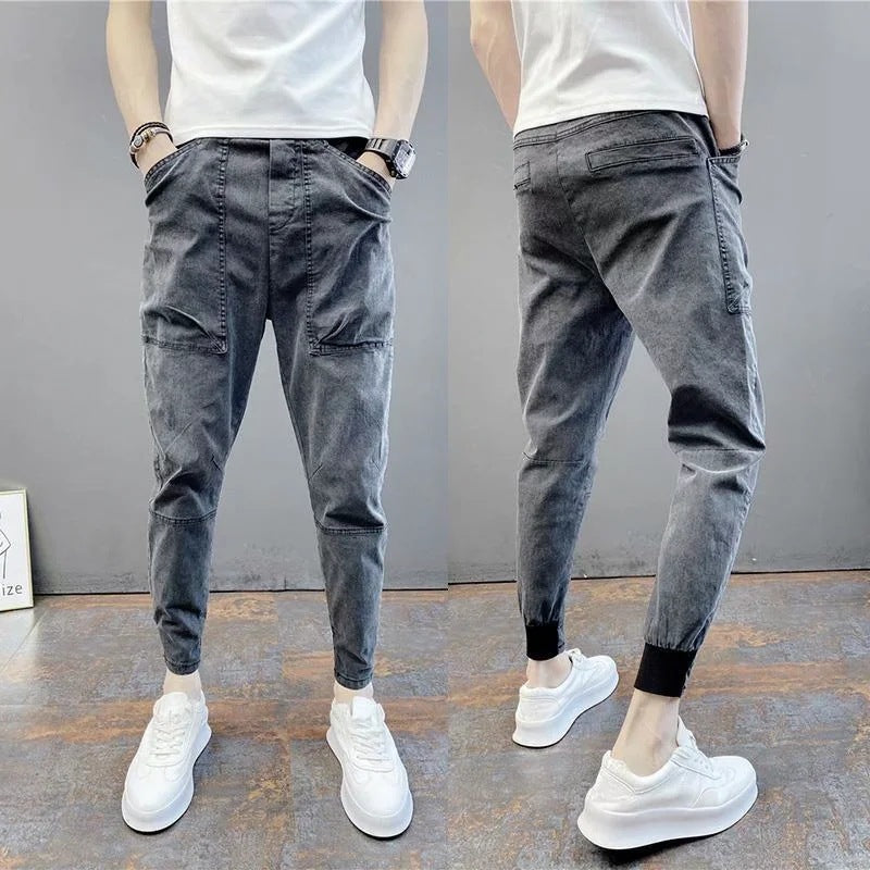 Summer men's thin foot casual jeans pants solid color elastic bouques spirit small guy foot trend men's pants - Plushlegacy