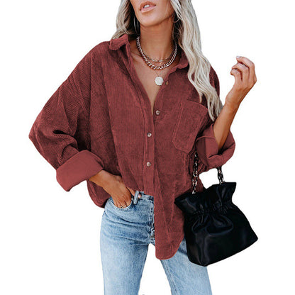 Cross-border European and American foreign trade women's clothing for fall/winter 2021 new Amazon Oversize corduroy loose button shirt - Plushlegacy
