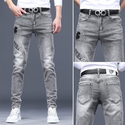 Factory shop jeans men's broken hole embroidered print hot diamond trend new elastic casual men's foot pants generation - Plushlegacy