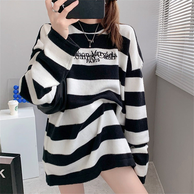 Net red port flavor retro embroidery striped sweater female autumn 2021 new loose long-sleeved large size sweater top - Plushlegacy