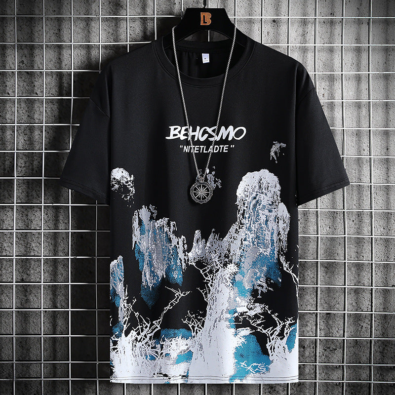 Ice silk short sleeve T-shirt men's tidal card 2021 new summer print loose half sleeve compassion shirt on clothes - Plushlegacy