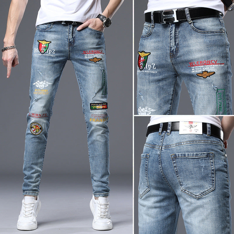 men's broken hole embroidered print hot diamond trend new elastic casual men's foot pants generation - Plushlegacy