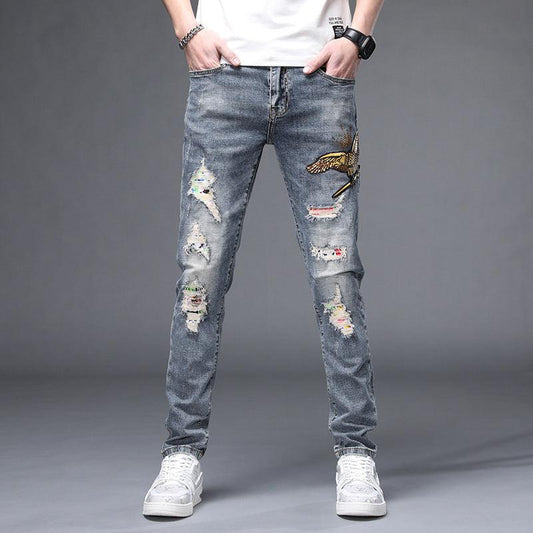 spring and summer denim pants men's long pants tide card embroidery trend stretch casual small foot print flower jeans male - Plushlegacy