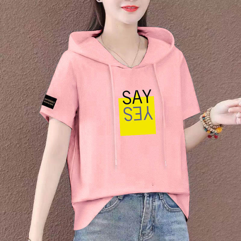 Cotton short-sleeved sweater female large size loose 2021 summer new Korean version of the trend fashion hooded T-shirt on clothes - Plushlegacy