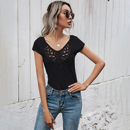 summer short-sleeved t-shirt women European and American simple slim-fit hollow round neck solid color ladies tops - Plushlegacy