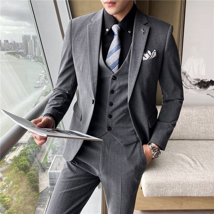 Suit a suit men's three-piece Korean version of the slim business dress casual striped small suit groom wedding dress - Plushlegacy
