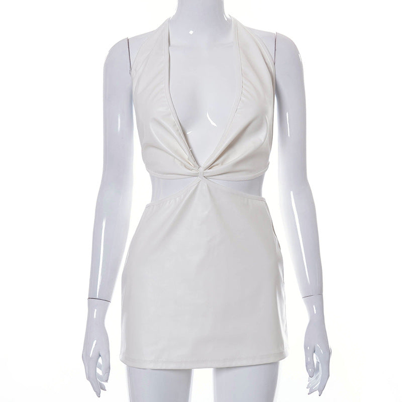 American women's spring/summer new solid color sleeveless hanging neck deep V-neck backpack hip dress - Plushlegacy
