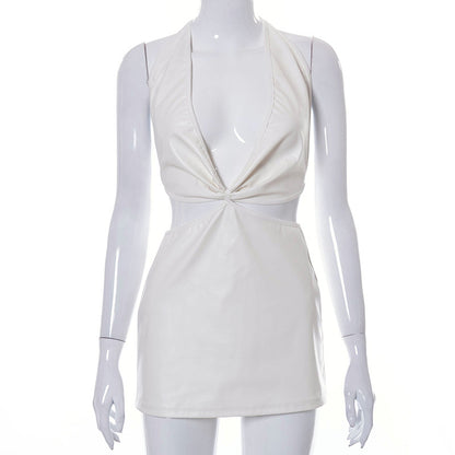 American women's spring/summer new solid color sleeveless hanging neck deep V-neck backpack hip dress - Plushlegacy