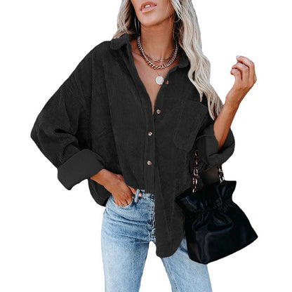Cross-border European and American foreign trade women's clothing for fall/winter 2021 new Amazon Oversize corduroy loose button shirt - Plushlegacy