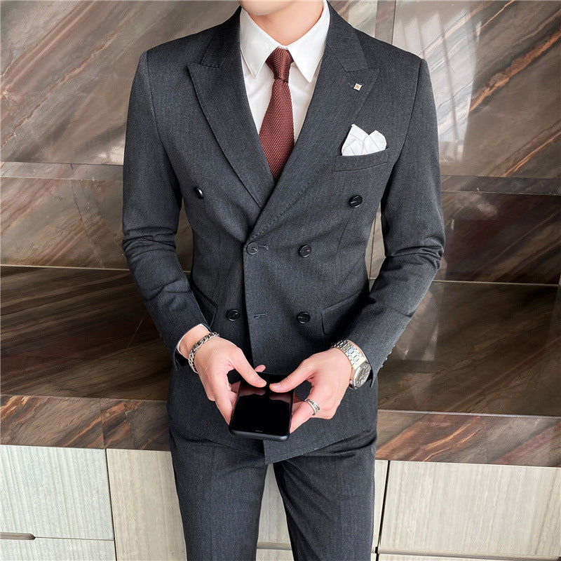 2022 spring new men's business fashion solid color double buckle suit three-piece set four seasons dress - Plushlegacy