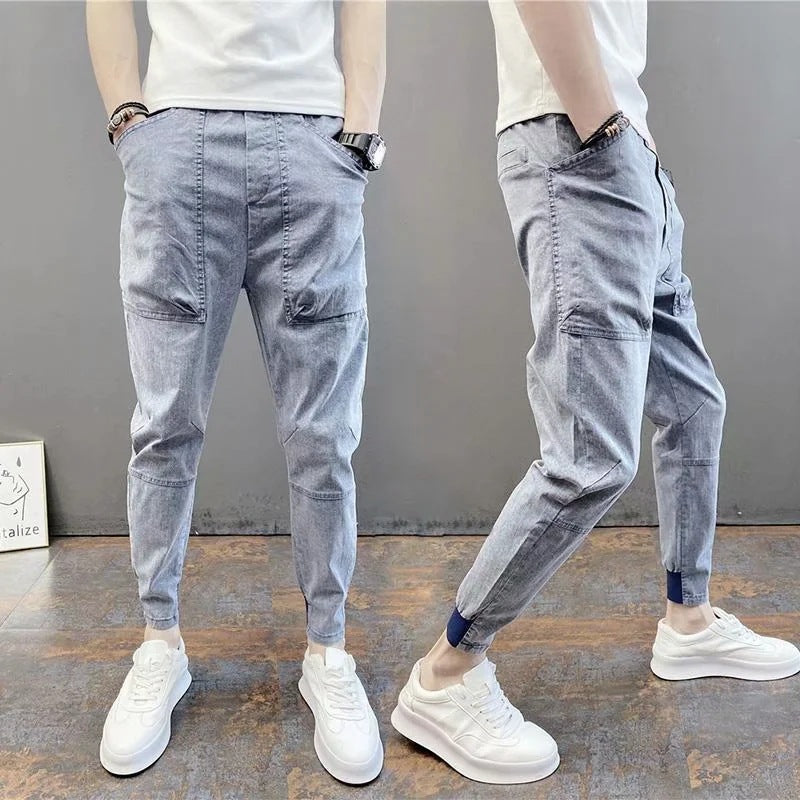 Summer men's thin foot casual jeans pants solid color elastic bouques spirit small guy foot trend men's pants - Plushlegacy