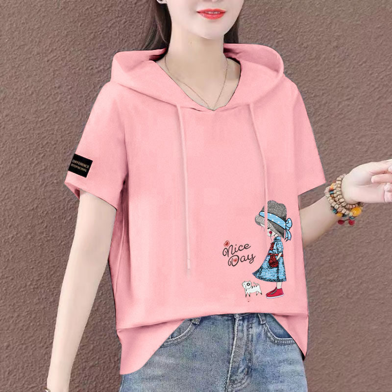 Cotton short-sleeved sweater female large size loose 2021 summer new Korean version of the trend fashion hooded T-shirt on clothes - Plushlegacy