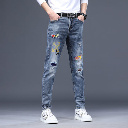 Factory shop jeans men's broken hole embroidered print hot diamond trend new elastic casual men's foot pants generation - Plushlegacy