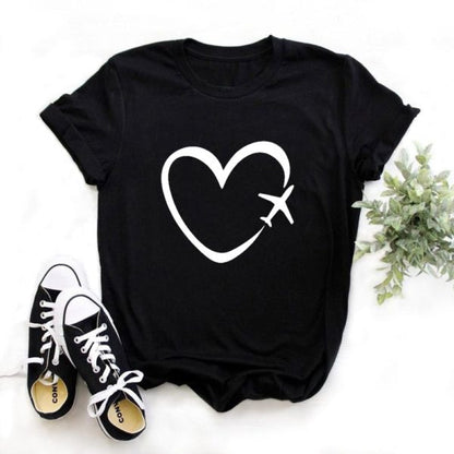 Heartbeat Lady Feather Crew Neck Printed T-Shirt Short Sleeve - Plushlegacy