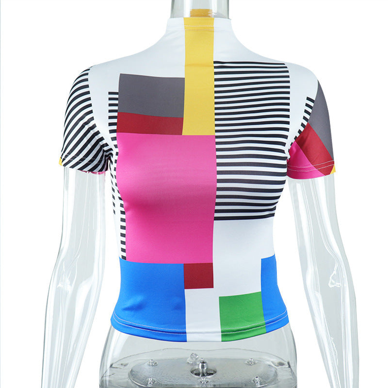 Half Turtleneck Women's Short Sleeve Geometric Print Slim Fit T-shirt - Plushlegacy