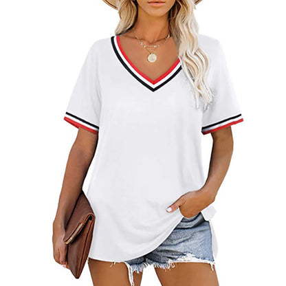 European And American V-neck Striped Stitching Short-sleeved T-shirt - Plushlegacy