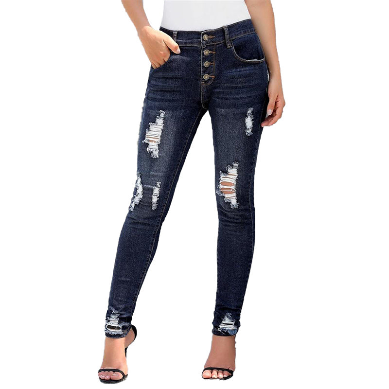 Denim pants with ripped holes - Plushlegacy