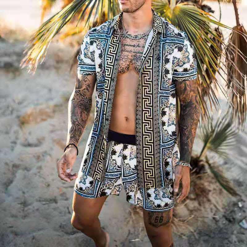 Summer Men Hawaiian Sets Printed Breathable Lapel Short Sleeve Shirtelastic Waist Beach Shorts Streetwear Casual Men Sets 2 Piec