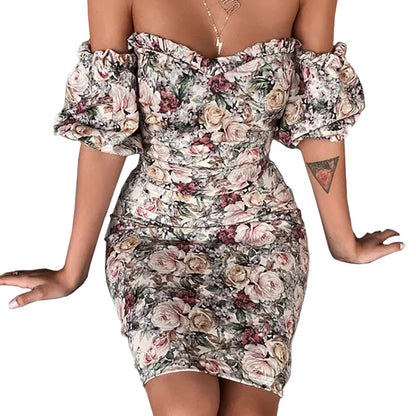 One-shoulder  tube top skirt print dress - Plushlegacy
