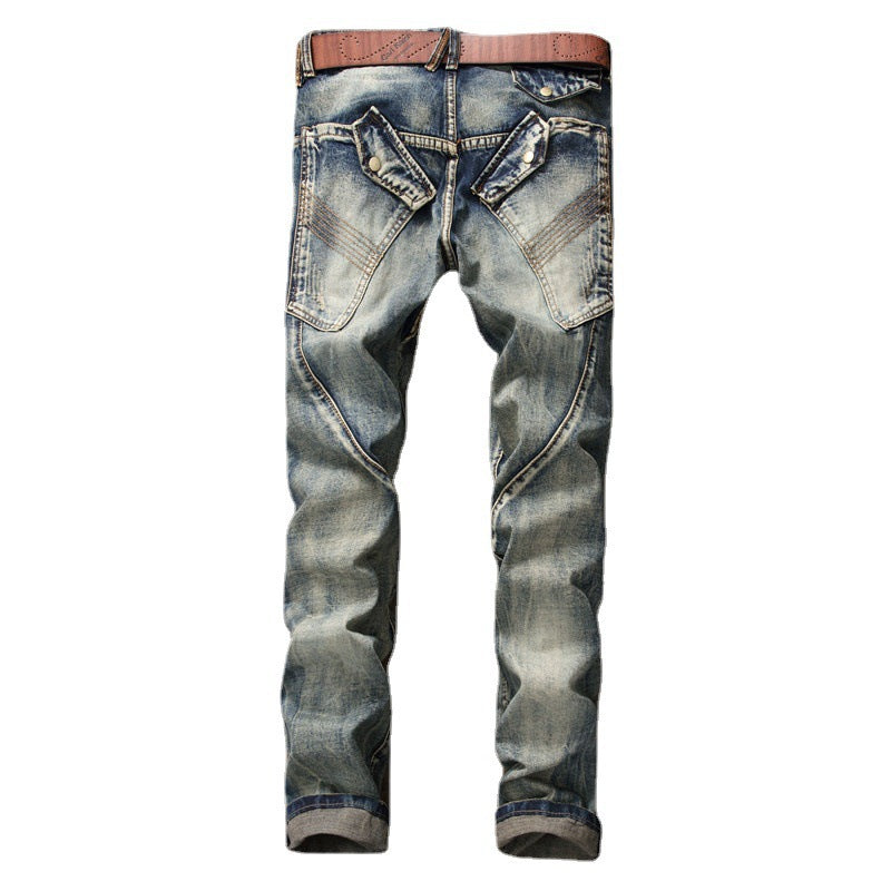 Men's Casual Retro Blue Patchwork Pants Youth Straight Leg Jeans - Plushlegacy
