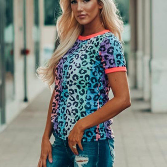 European And American Leopard Print Tie-dye Round Neck Colorful Short Sleeves - Plushlegacy