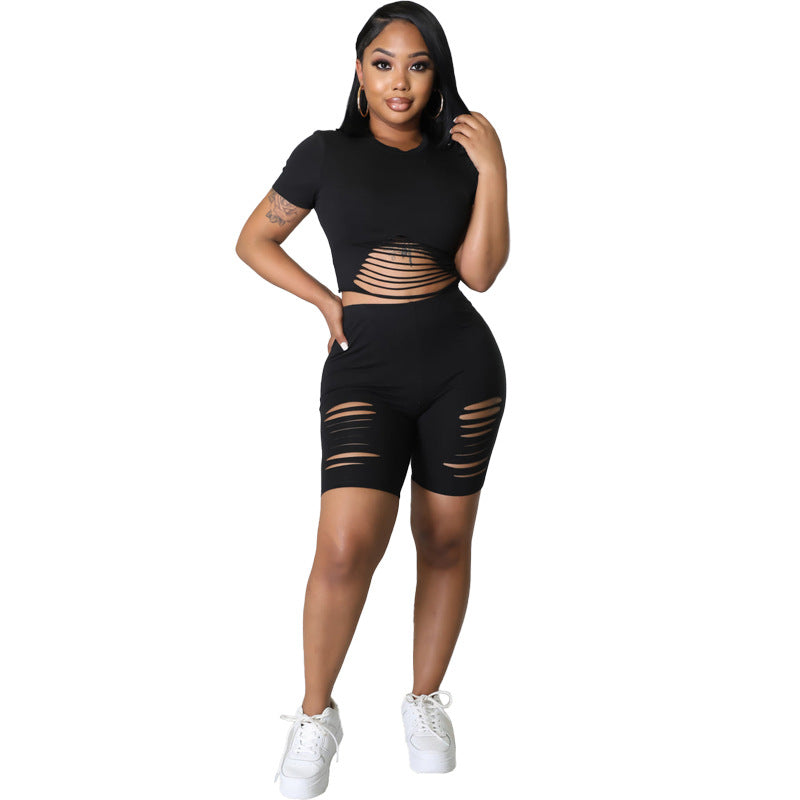 Skinny Ripped Short Sleeve Tracksuit Shorts Two Piece