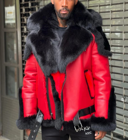 Increased Thickened Fur Collar Fur One Red Men's Leather Jacket