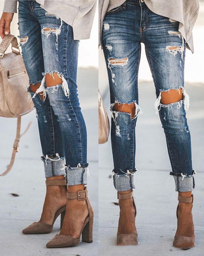 High-waisted Stretch Jeans With Ripped Feet And Slimming - Plushlegacy