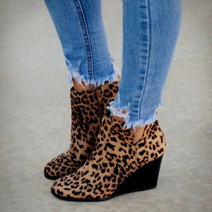 Pointed Toe Booties Winter Women Leopard Ankle Boots Lace Up Footwear Platform High Heels Wedges Shoes Woman Bota Feminina - Plushlegacy