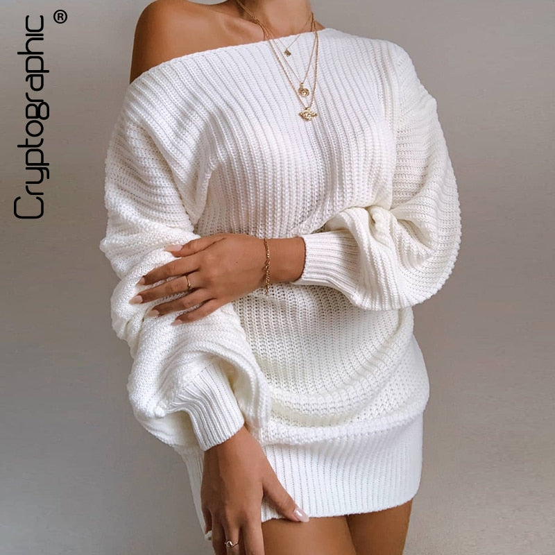 Cryptographic Casual Knitted Mini Dress Women Autumn Winter Sweaters Balloon Long Sleeve Knitwear Women&#39;s Dresses Loose Jersey - Plushlegacy
