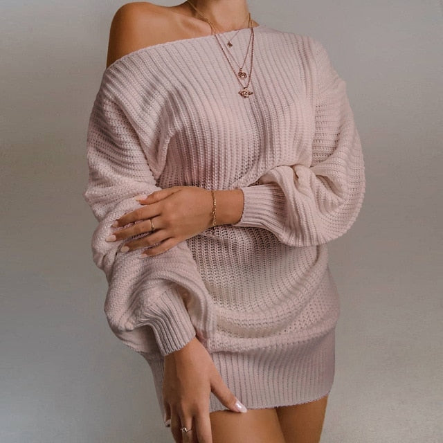 Cryptographic Casual Knitted Mini Dress Women Autumn Winter Sweaters Balloon Long Sleeve Knitwear Women&#39;s Dresses Loose Jersey - Plushlegacy